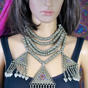 Vintage Doradha Necklace with Large Ornate Pendants and Old Beads - Old Handmade Tribal Jewelry from Kashmir - 14.25 Inch Slender Neck