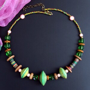 HANDCRAFTED CHOKER NECKLACE with Paper Beads and Crystals - Lightweight