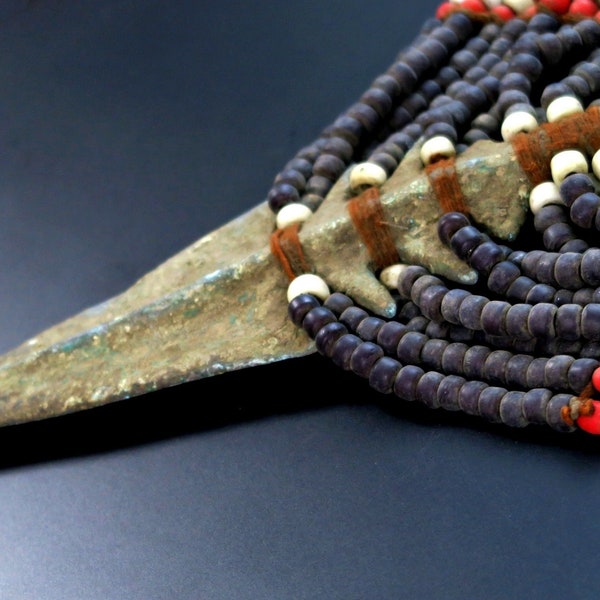 OLD NAGA NECKLACE with Huge Bronze Spear Point Pendant - Collectible Handcrafted Tribal Jewelry from Nagaland