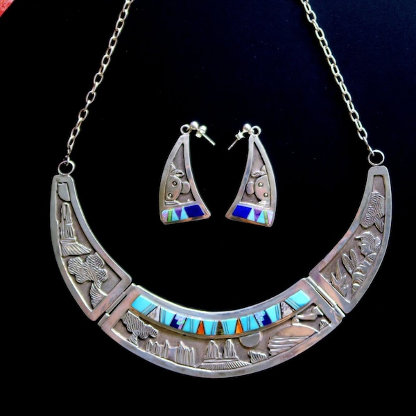 SET of NAVAJO JEWELRY - Includes Vintage Sterling-Silver Native American Indian Story-Teller Necklace and Earrings - Floyd Becenti Hallmark