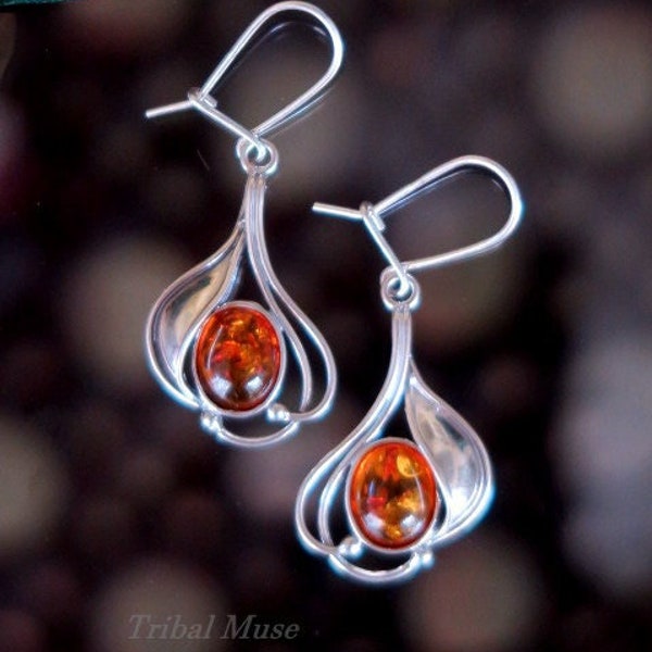 BALTIC AMBER EARRINGS with Ornate Sterling Silver Setting - Handcrafted
