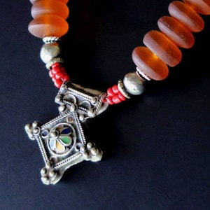 LARGE BEDOUIN NECKLACE - with Vintage Moroccan Tiznit Cross from North Africa - Handcrafted Berber Tribal Jewelry