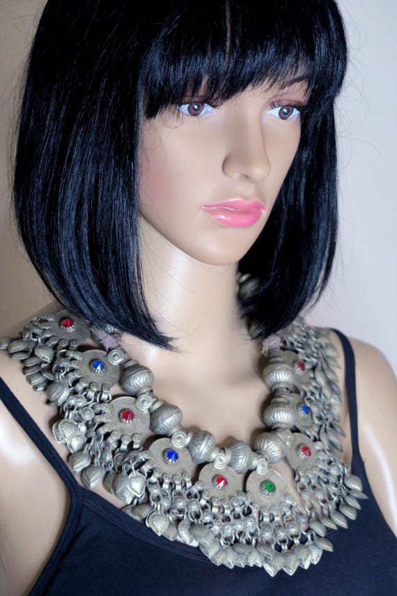 Large Vintage Kuchi Necklace with 10 Beaded Coin-Pendants and Old Beads - Handmade View 2