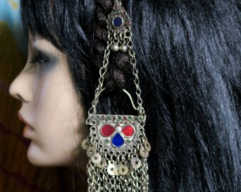 PAIR of AFGHAN EARRINGS with Hair Chains and Hooks Vintage Kuchi Earrings Handmade Tribal Jewelry from Central Asia 16 Gauge Earwires