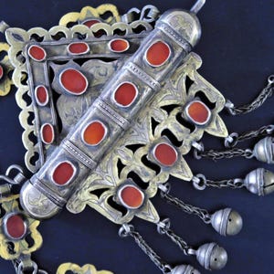 Antique Turkmen Pendant of Silver with Carnelians - Ornately Handmade Tumar - Collectible Old Silk-Road Tribal Jewelry from Central Asia