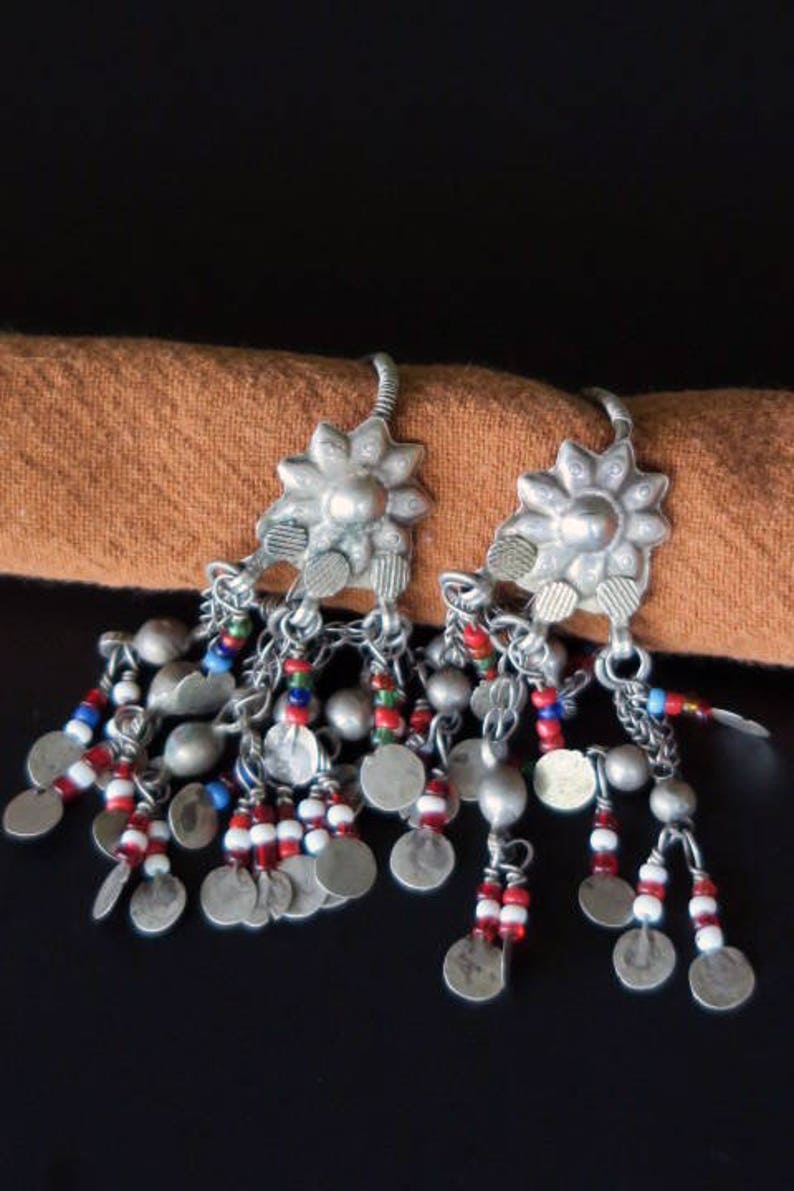 Vintage Silver Dangle Earrings with Starbursts 18 Gauge Earwires OLD AFGHAN EARRINGS Tribal Jewelry from Central Asia
