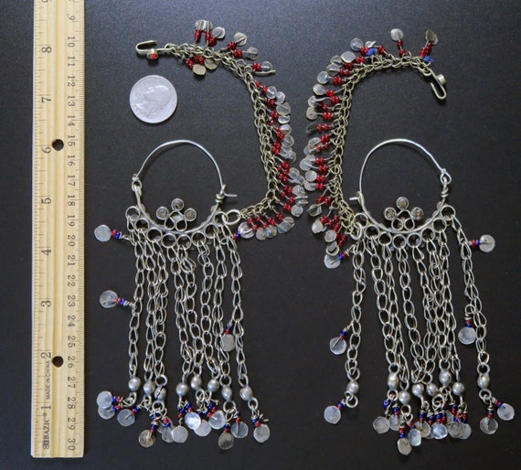 PAIR of AFGHAN EARRINGS with Hair Chains and Hook… - image 10