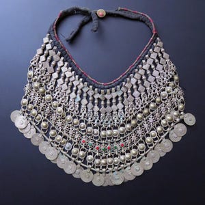 Huge Vintage Afghan Choker Necklace - Very Old Handmade Kuchi Tribal Jewelry with Traditional Links and Charms