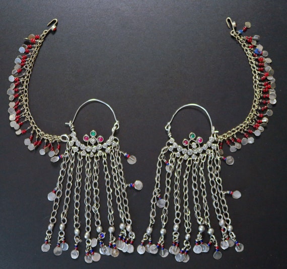 PAIR of AFGHAN EARRINGS with Hair Chains and Hook… - image 2