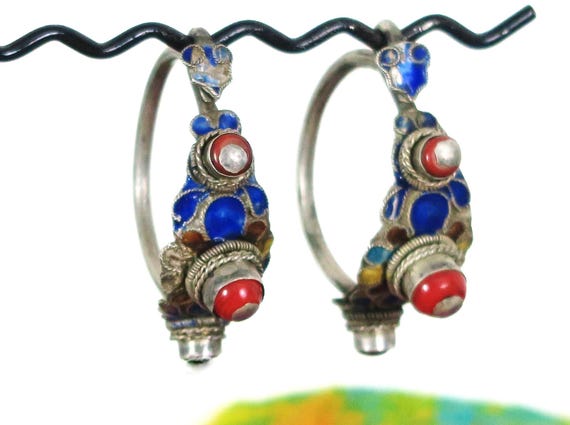 Old Himalayan Earrings - Gorgeous Handmade Tribal Jewelry with Thick 8 Gauge Hoop - Collectible