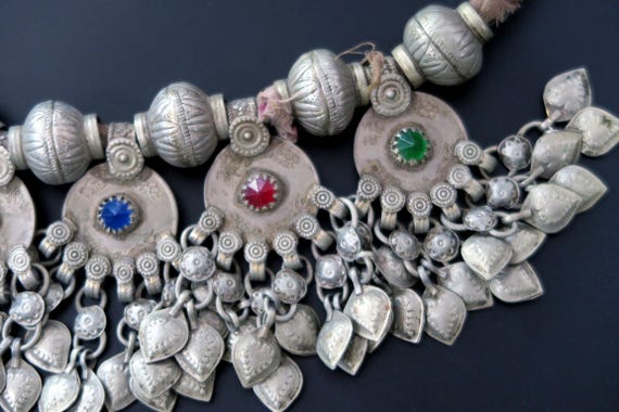 Large Vintage Kuchi Necklace with 10 Beaded Coin-Pendants and Old Beads - Handmade View 5