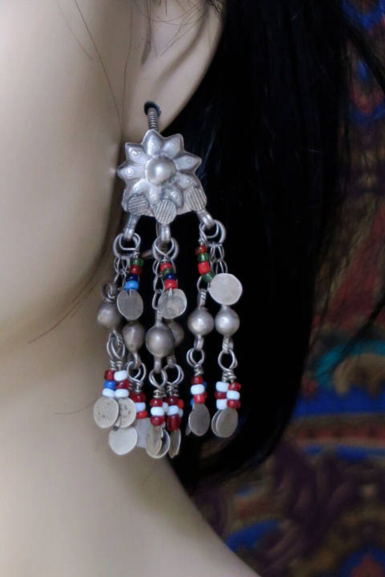 Vintage Silver Dangle Earrings with Starbursts 18 Gauge Earwires OLD AFGHAN EARRINGS Tribal Jewelry from Central Asia