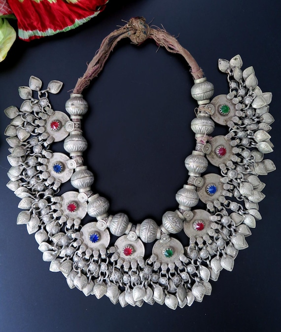 Large Vintage Kuchi Necklace with 10 Beaded Coin-Pendants and Old Beads - Handmade