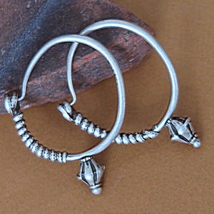 Large Vintage Afghan Earrings - Handmade Kuchi Silver Poppy-Hoop Earrings - Tribal Jewelry from Central Asia - 10 Gauge