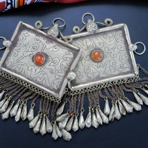 Includes All 2 OLD HAZARA PENDANTS - Very Old Pair of Afghan Pendants with Carnelians - Handcrafted Hazara Tribal Jewelry from Central Asia