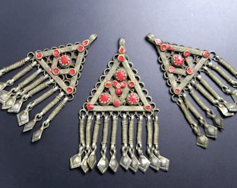 3 VINTAGE KASHMIRI PENDANTS - Sturdily Handcrafted with Clattering Dangles - Tribal Jewelry Lot from Central Asia