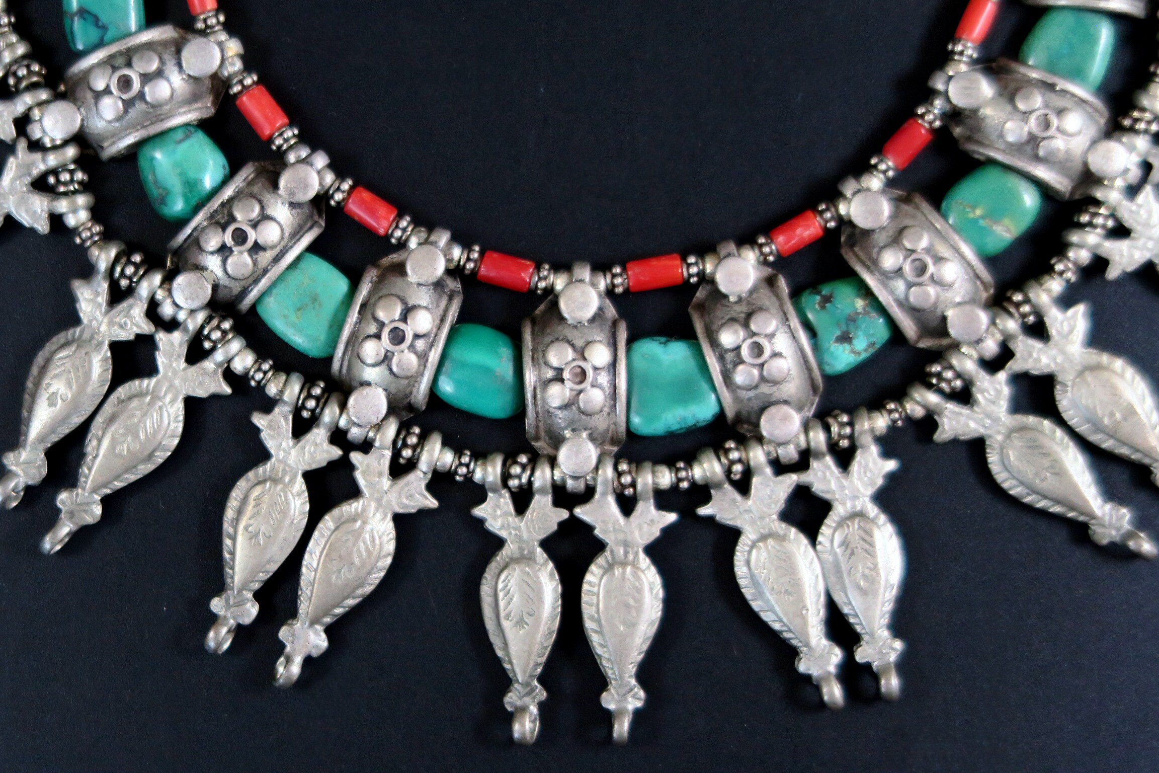 VINTAGE LADAKH NECKLACE - Large Traditional Silver and Turquoise 