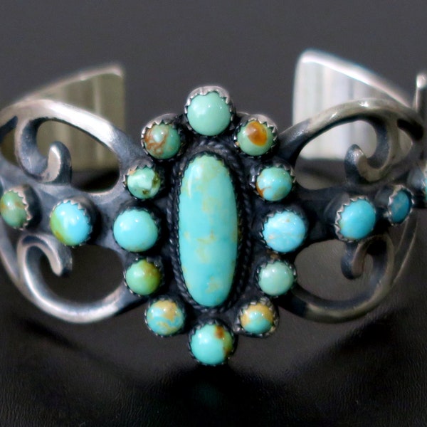 VINTAGE NAVAJO BRACELET - Ornate Sterling Silver and Turquoise Cuff - 6.5 Inch Wrist - Dine Artisan Albert J Brown Hallmark - Collectible