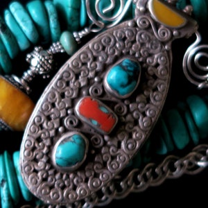 LARGE TIBETAN NECKLACE with Handcrafted Double-Sided Pendant with Turquoise and Coral from Nepal
