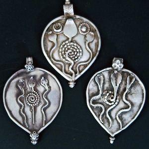 3 Old Amulet Serpent Pendants - Three Silver Protective Cobra Snake Pendants - Handcrafted in Old India
