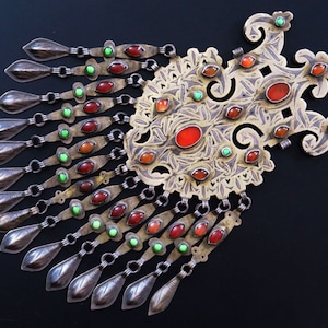 Antique Turkmen Jewellery - Large Silver Gurbaka Dagdan Pendant - Handmade Collectible Tribal Jewelry from Turkmenistan