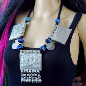 Vintage Afghan Tribal Jewelry - Old Baluchi Necklace with 3 Large Rectangular Pendants - Handmade Matchmaker Kuchi Necklace