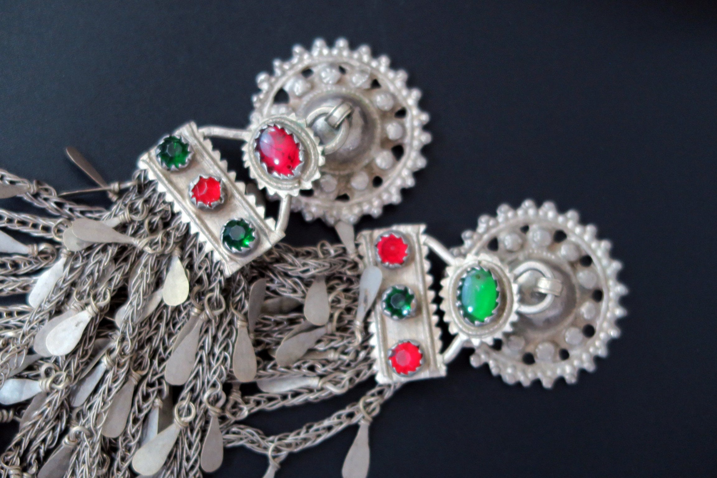 Afghan Silver Kuchi Headpiece With Red Glass Stones and Long Tassels What is this Afghan kuchi head piece? main image 2