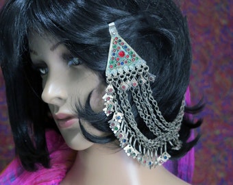 PAIR of HAIR PENDANTS - 2 Long Vintage Afghan Hair-Pendants with Chains and Charms - Handcrafted Tribal Jewelry from Kashmir