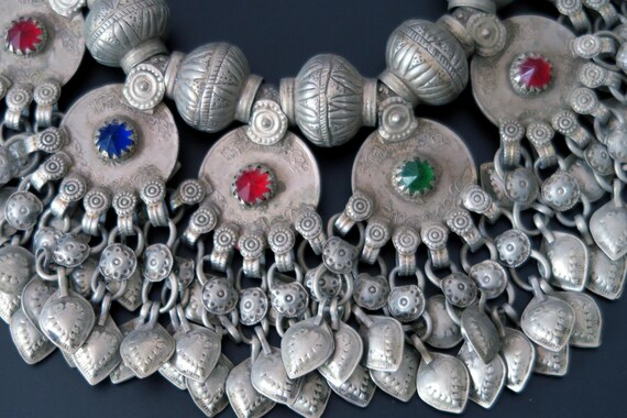 Large Vintage Kuchi Necklace with 10 Beaded Coin-Pendants and Old Beads - Handmade View 3