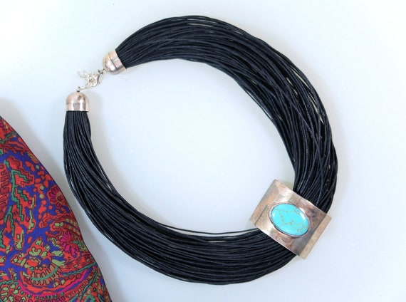 TURQUOISE and SILVER NECKLACE - Multi-strand Chok… - image 1