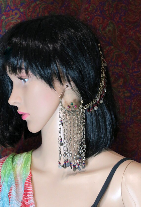 PAIR of AFGHAN EARRINGS with Hair Chains and Hook… - image 3