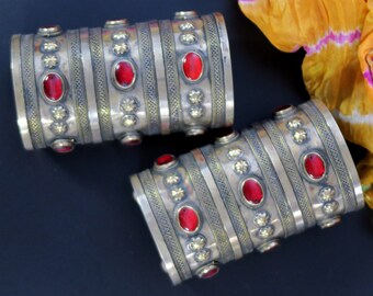 2 VINTAGE TURKMEN BRACELETS - Pair of 3-Tier Vintage Bilezik Cuffs - Handcrafted Tribal Jewelry from Turkmenistan in Central Asia - Heavy