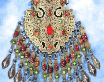 Antique Turkmen Jewellery - Large Silver Gurbaka Dagdan Pendant
