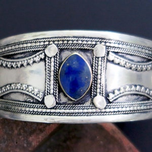 VINTAGE AFGHAN BRACELET - Silver Plated Cuff with Lapis Lazuli and Enamel - Handcrafted in Central Asia