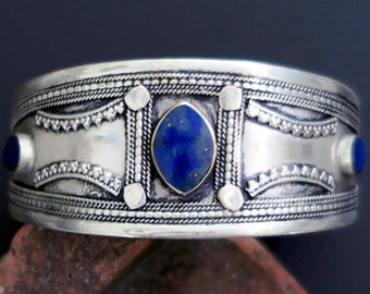 VINTAGE AFGHAN BRACELET - Silver Plated Cuff with Lapis Lazuli and Enamel - Handcrafted in Central Asia