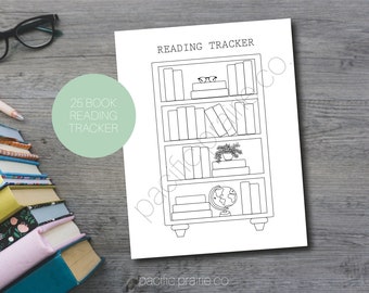 Printable and Digital Bookshelf Reading Tracker, 25 Book Template, TBR Reading Challenge