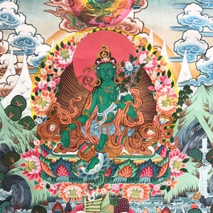 Grüne Tara Shyama Tara Sgrol-ljang Göttin Mitgefühl Thangka Malerei Wandbehang Kunst Dekor Handarbeit Meister Künstler Lalman Lama Ungerahmt