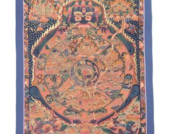 Vintage Wheel of Life Thangka Painting Bhavachakra Tibetan Thangka Art Wall Hanging Stone Colors Gold