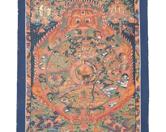 Vintage Wheel of Life Thangka Painting Bhavachakra Tibetan Thangka Art Wall Hanging