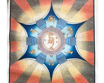 Kosmischer Strahl Sunburst, Manjushri Mantra, tibetische Thangka-Malerei, buddhistische Kunst, Meditationsdekor, Yogakunst, handgemalt, Meisterkünstler