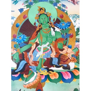 Green Tara Shyama Tara Sgrol-ljang Goddess Compassion Thangka Painting Wall Hanging Home Decor Hand Painted Spiritual Canvas Art Unframed