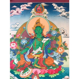 Green Tara Shyama Tara Sgrol-ljang Goddess Compassion Thangka Painting Wall Hanging Home Decor Hand Painted Spiritual Canvas Art Unframed