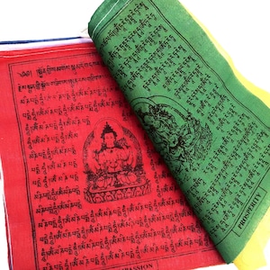 Tibetan Prayer Flags Deities Mantra Medicine Buddha Amitabha Buddha Tara Wind Horse Wood Block Print Cotton Medium Large