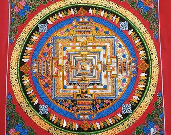 Wheel of Time, Kalachakra Mandala, Tibetan Thangka Painting, Yoga, Meditation Decor, Wall Art Canvas, Hand Painted, Gold