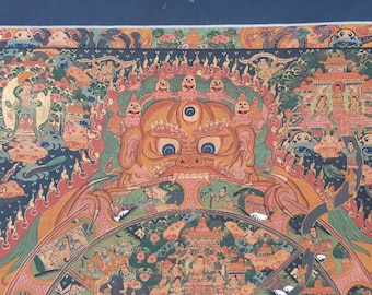 Vintage Wheel of Life Thangka, Bhavachakra, Tibetan Thangka Painting, Thangka Art, Wall Hanging Art, Buddhist Art, Gold, Master Artist