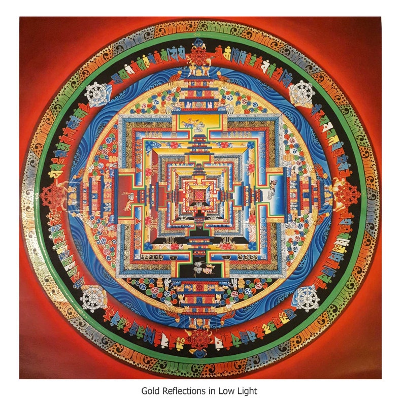 May include: A colorful mandala with intricate details and gold accents. The mandala is surrounded by a red background and the text "Gold Reflections in Low Light".