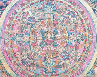 Vintage Mandala of Buddha Tantra Yoga Meditation Thangka Painting Original Thangka Art Hand Painted Tibetan Buddhist Spiritual Art Gold