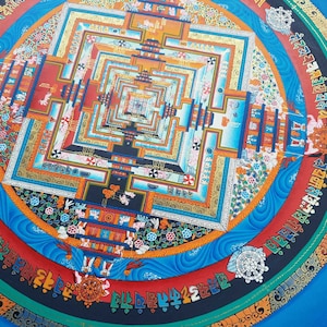 May include: A colourful mandala with a blue background and intricate patterns in shades of red, orange, yellow, green, and black. The mandala features a central square with concentric squares radiating outwards, creating a mesmerising optical illusion.