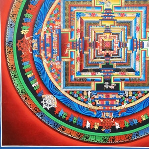 May include: A colorful mandala with a square pattern in the center. The mandala is surrounded by a circle of blue, green, and red. The square pattern is made up of smaller squares and rectangles, all in different colors. The mandala is a traditional Tibetan Buddhist symbol of the universe.