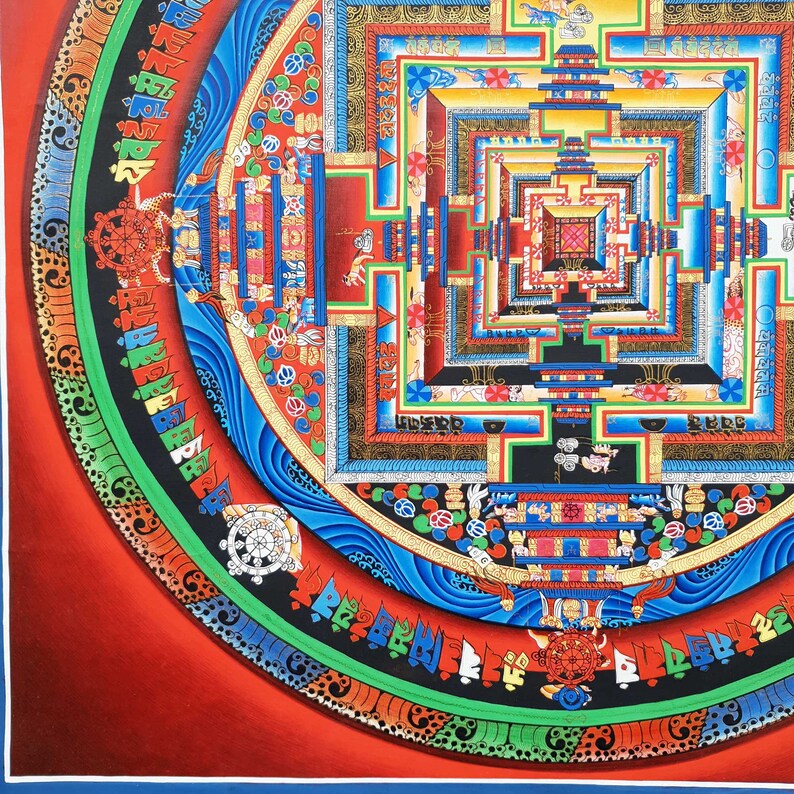 May include: A colorful mandala with a square pattern in the center. The mandala is surrounded by a circle of blue, green, and red. The square pattern is made up of smaller squares and rectangles, all in different colors. The mandala is a traditional Tibetan Buddhist symbol of the universe.
